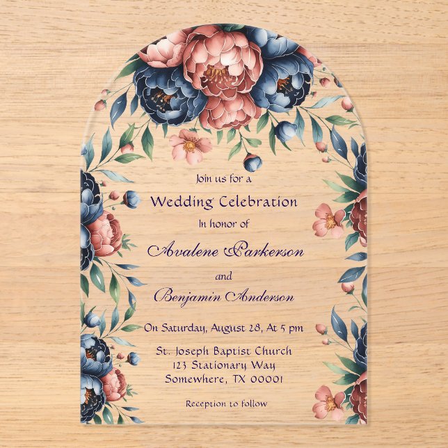Navy & Copper Peony Wood Wedding Celebration Acrylic Invitations (Front)