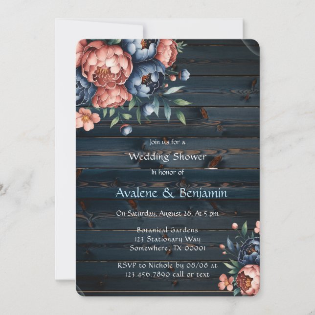 Navy & Copper Peony Wood Wedding Shower Invitation (Front)