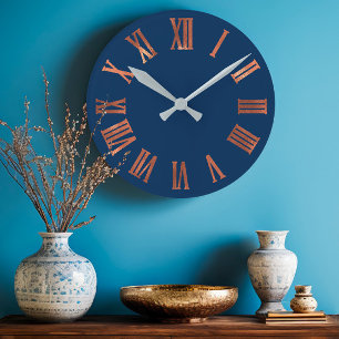 Navy Copper Rose Gold Minimal Metallic Urban Round Clock