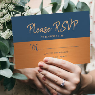 Navy copper trendy typography wedding rsvp card