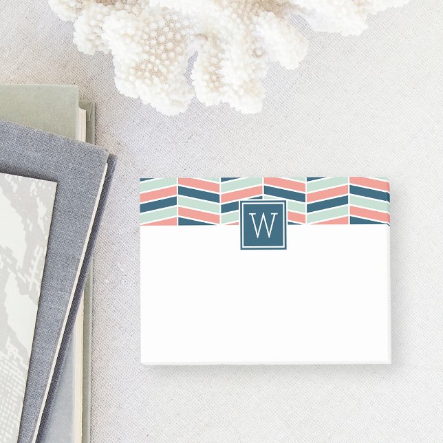 Navy, Coral and Aqua Herringbone Monogram Post-it Notes (Creator Uploaded)