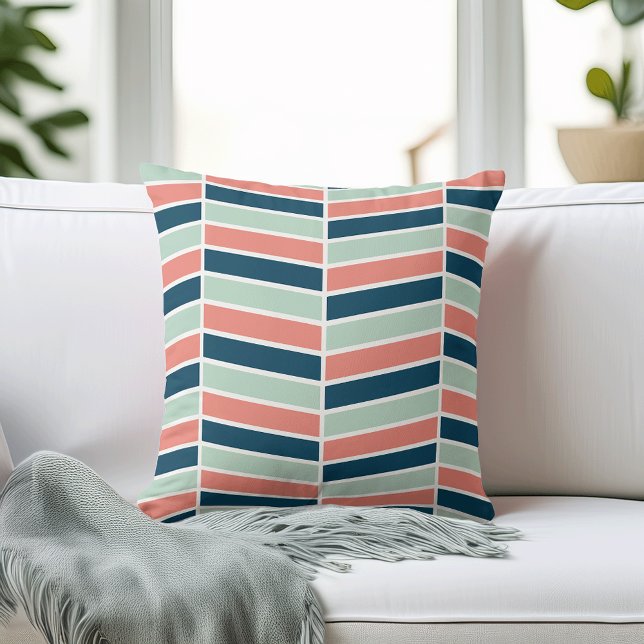Navy, Coral and Aqua Herringbone Pattern Cushion (Creator Uploaded)