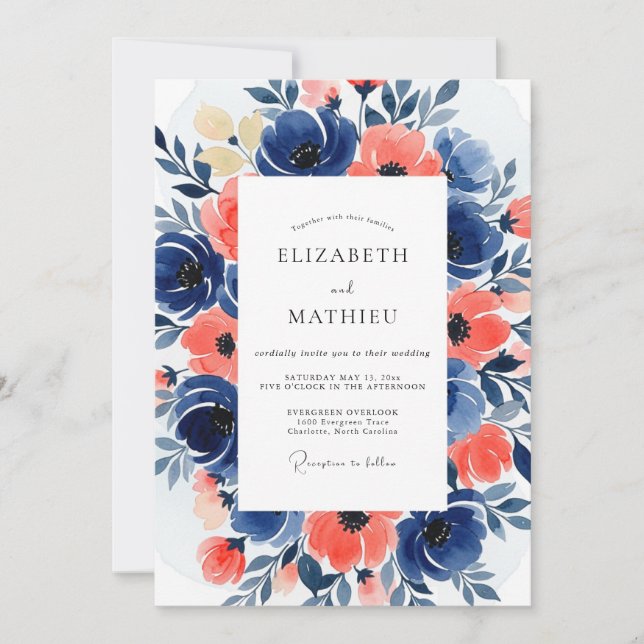 Navy Coral Bloom Romance Wedding Invitation (Front)