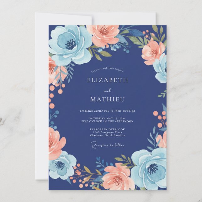 Navy Coral Bloom Wedding Invitation (Front)