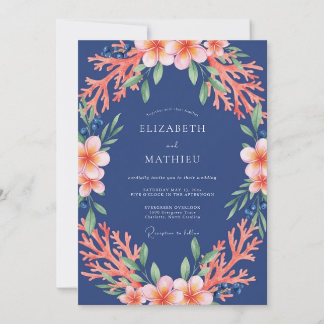 Navy Coral Blossom Arch Wedding Invitation (Front)