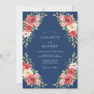 Navy Coral Blossom Flourish Wedding Invitation