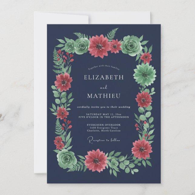 Navy Coral Botanical Romance Wedding Invitation (Front)