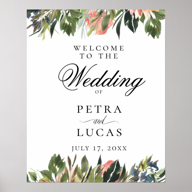 Navy Coral Botanical Wedding Welcome Poster (Front)