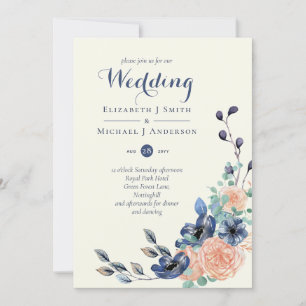 Navy Coral Elegance - Floral Wedding Invitations