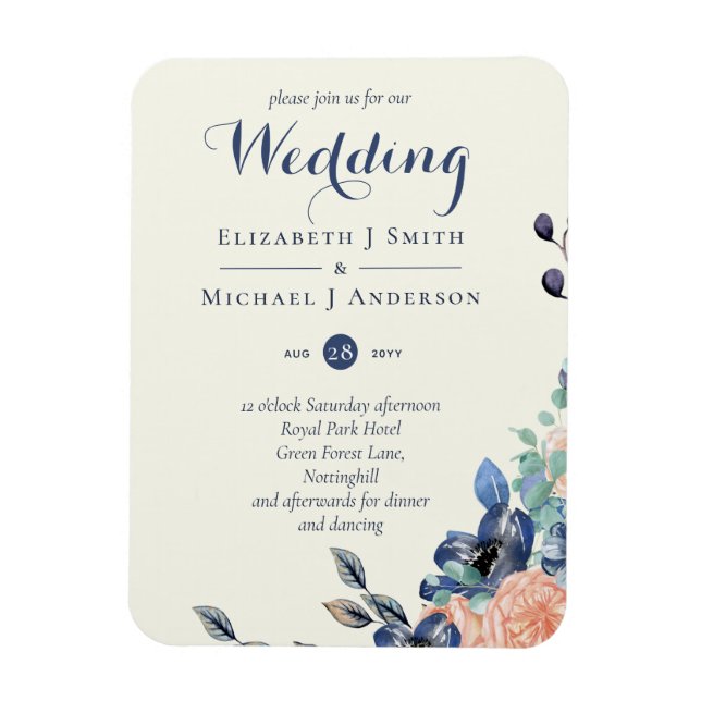 Navy Coral Elegance - Floral Wedding Items Magnet (Vertical)