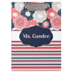 Navy Coral Floral and Stripes Boho Personalised  Clipboard