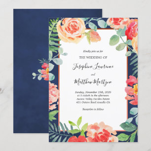 Navy Coral Floral Bloom Wedding Invitation