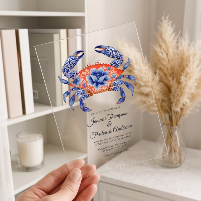 Navy & Coral Floral Crab Coastal Nautical Wedding Acrylic Invitations (Navy & Coral Floral Crab Coastal Nautical Wedding Acrylic Invitations)