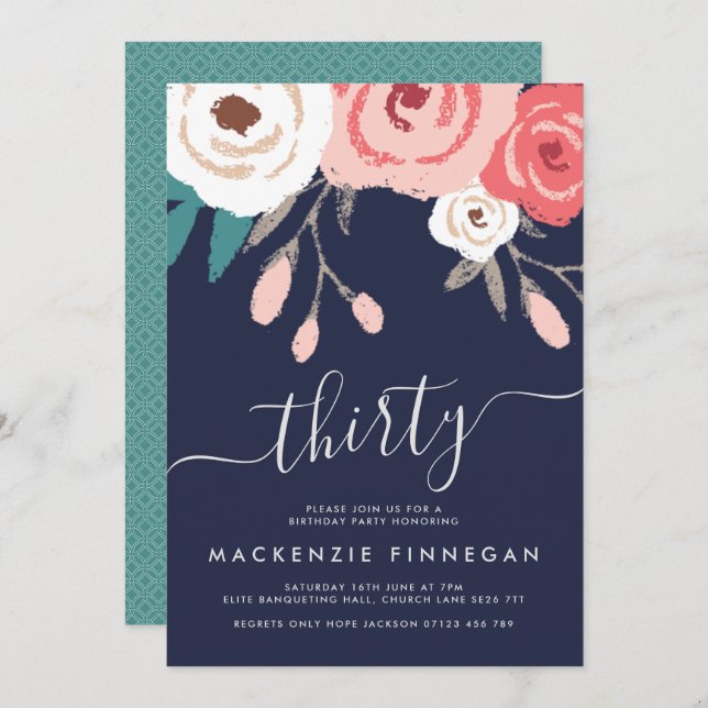 Navy & Coral Floral Thirtieth Birthday Party Invitation (Front/Back)