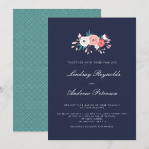 Navy & Coral Floral Wedding Invitation