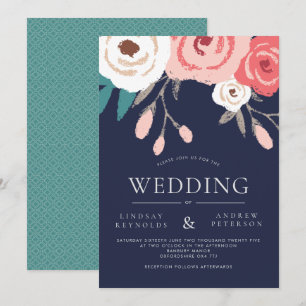 Navy & Coral Floral Wedding Invitation