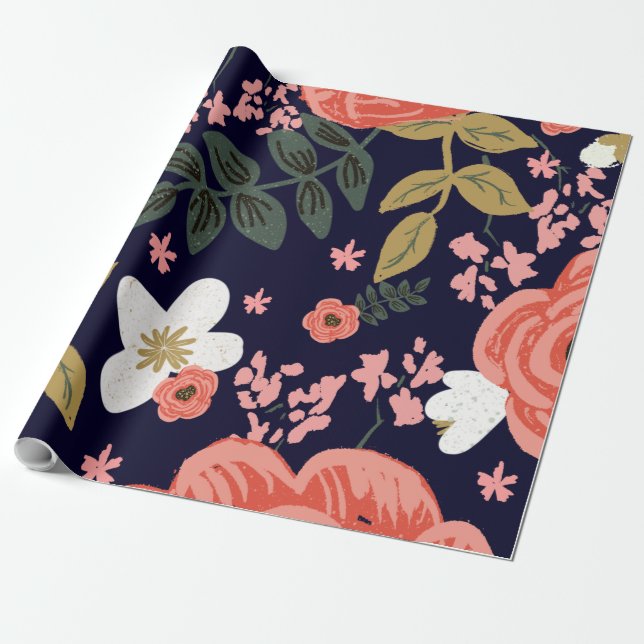 Navy coral floral wrapping paper (Unrolled)