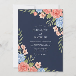 Navy Coral Foliage Eucalyptus Wedding Invitation
