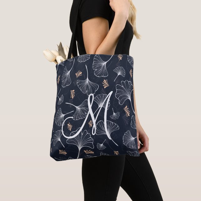 Navy Coral Ginkgo Monogram Tote Bag (Close Up)