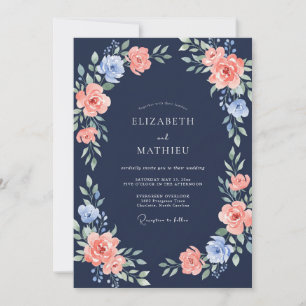 Navy Coral Leafy Wedding Invitation