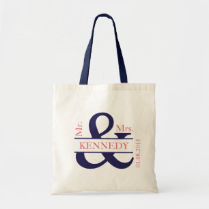Navy Coral Newly Weds Wedding Favour Tote Bag