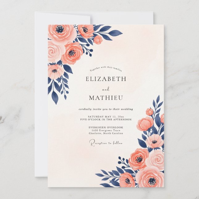 Navy Coral Painterly Summer Wedding Invitation (Front)