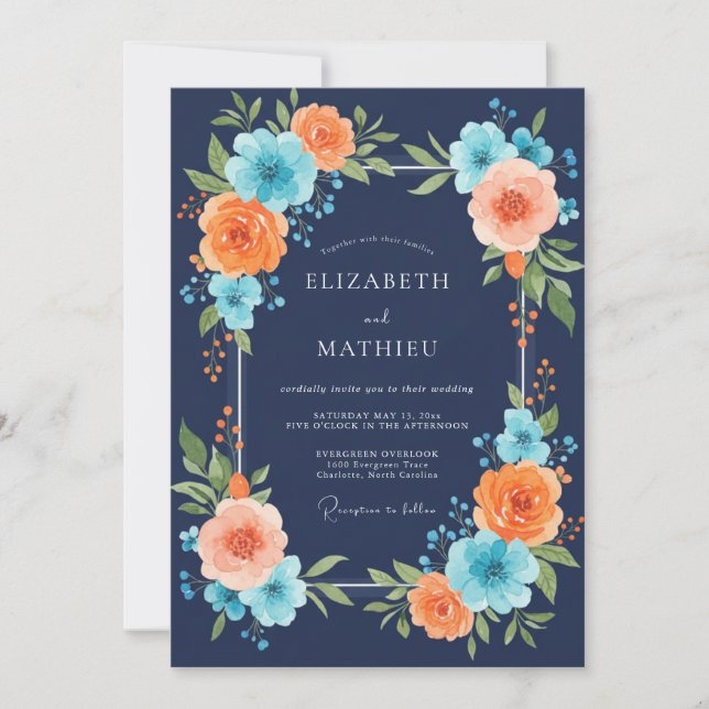 Navy Coral Peony Wedding Invitation (Front)