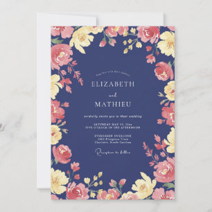 Navy Coral Petal Wedding Invitation