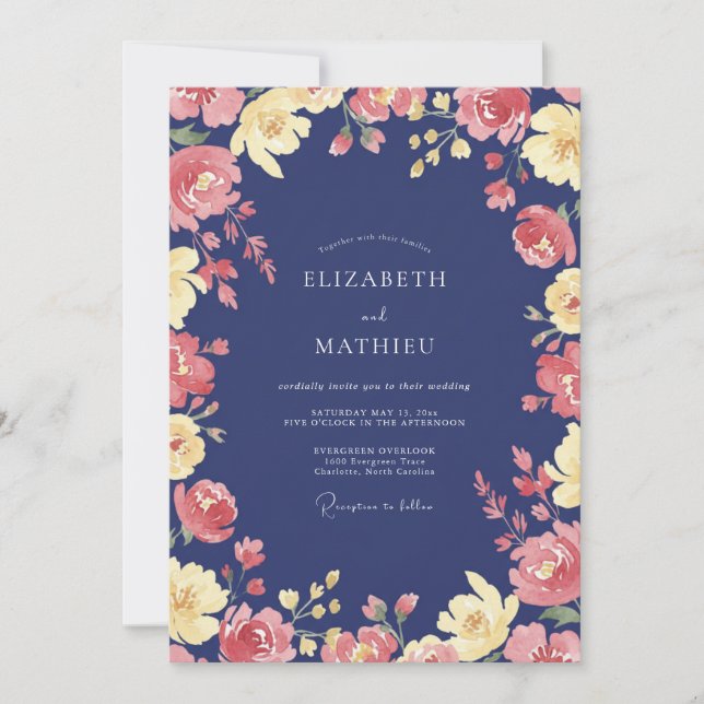 Navy Coral Petal Wedding Invitation (Front)