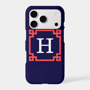 Navy, Coral Red Greek Key Frame #2 Init Monogram