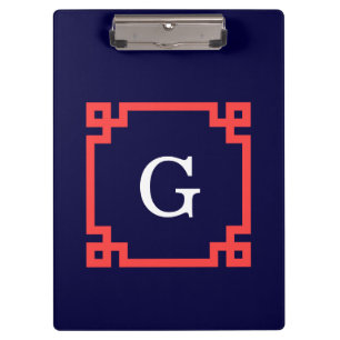 Navy, Coral Red Greek Key Frame #2 Init Monogram Clipboard