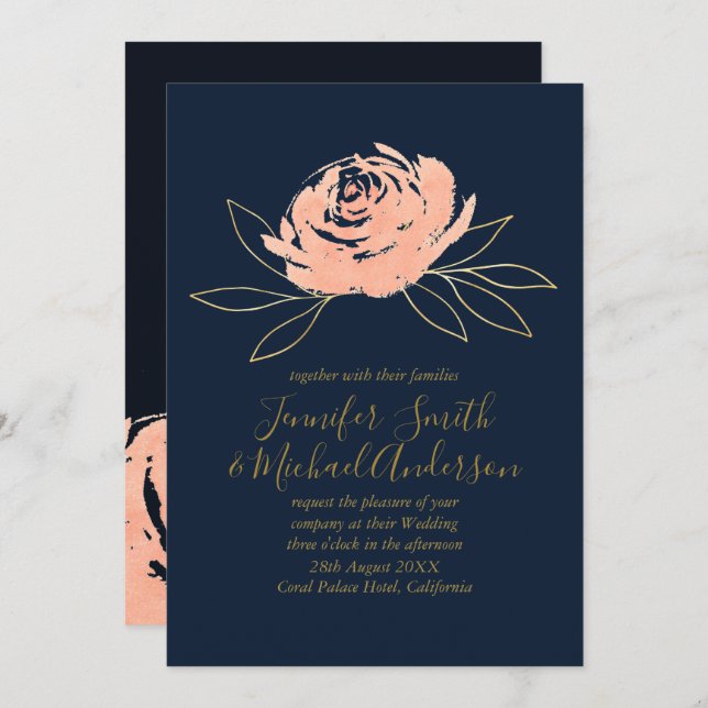 Navy Coral Rose Gold Wedding Invitation (Front/Back)