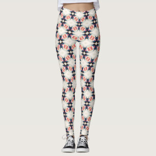 Navy Coral Star Floral Geometric Pattern Leggings