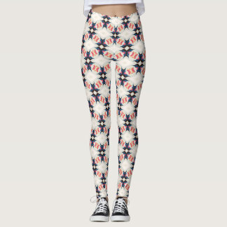 Navy Coral Star Floral Geometric Pattern Leggings