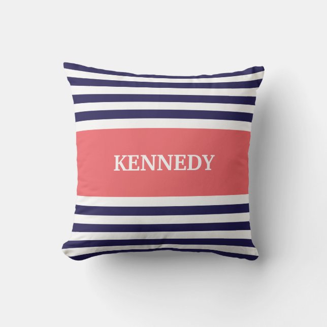 Navy Coral Stripes Monogram Cushion (Front)