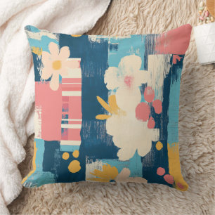 Navy Coral Turquoise Colour Block Floral Cushion