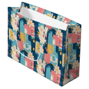 Navy Coral Turquoise Colour Block Floral Large Gift Bag