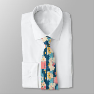 Navy Coral Turquoise Colour Block Floral Tie