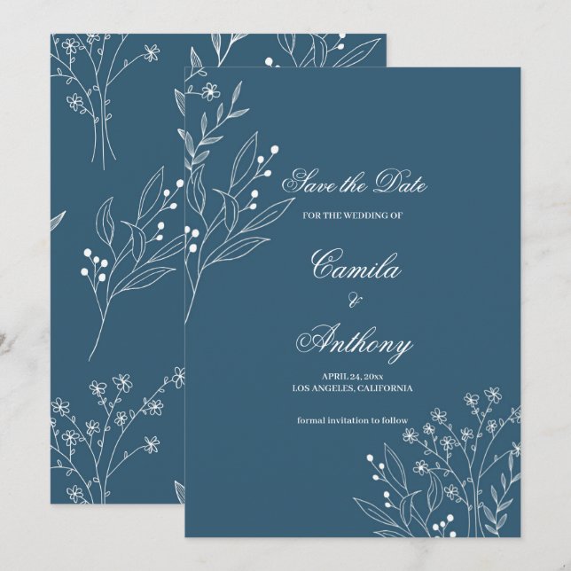 Navy Corner Floral Boho Wedding Invitation (Front/Back)