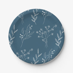 Navy Corner Floral Boho Wedding Paper Plate