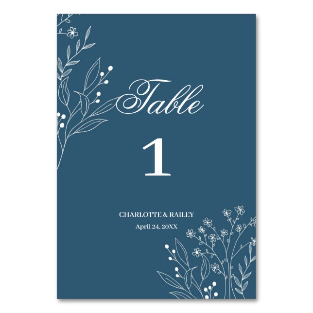 Navy Corner Floral Boho Wedding Table Number (Front)
