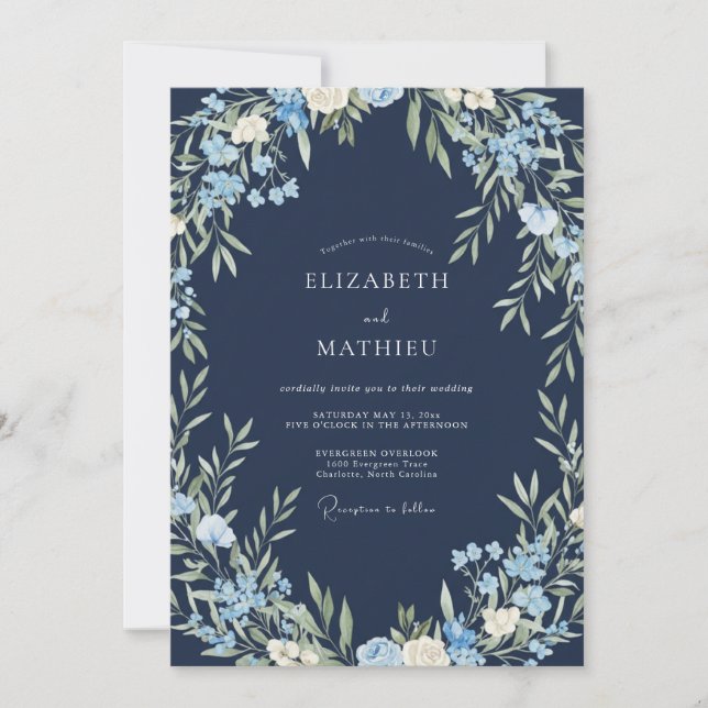 Navy Cornflower Foliage Eucalyptus Wedding Invitation (Front)