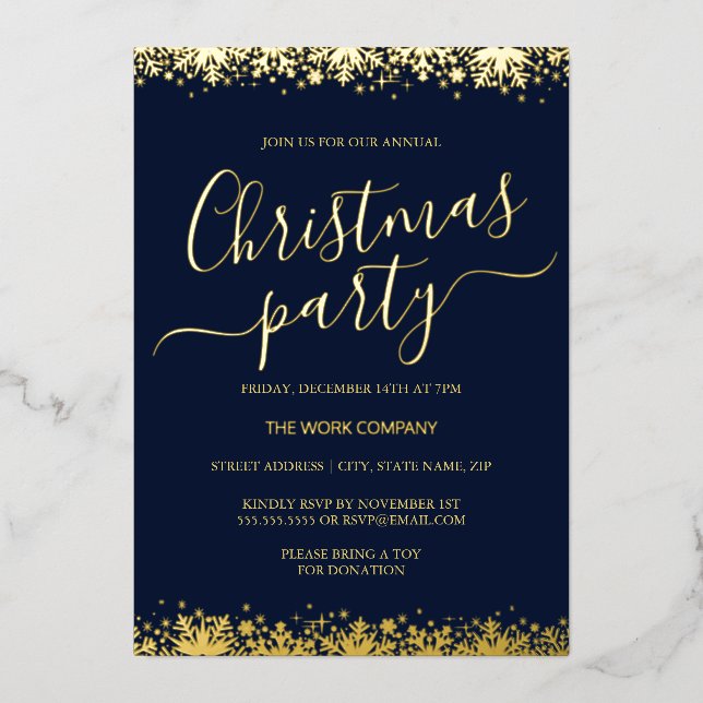 Navy Corporate Christmas Party Gold Snowflake (Front)