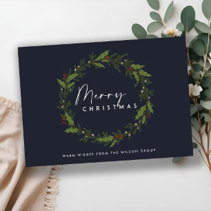 NAVY CORPORATE SIMPLE HOLLY BERRY WREATH CHRISTMAS HOLIDAY CARD