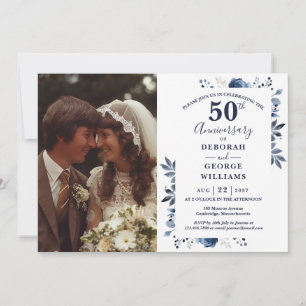 Navy Country Floral 50th Wedding Anniversary Photo Invitation