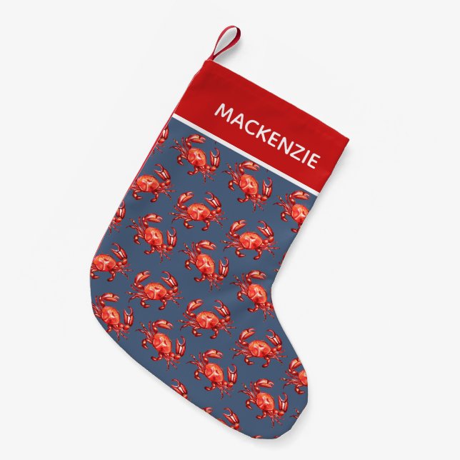 Navy Crab Pattern Personalised Small Christmas Stocking (Front (Hanging))