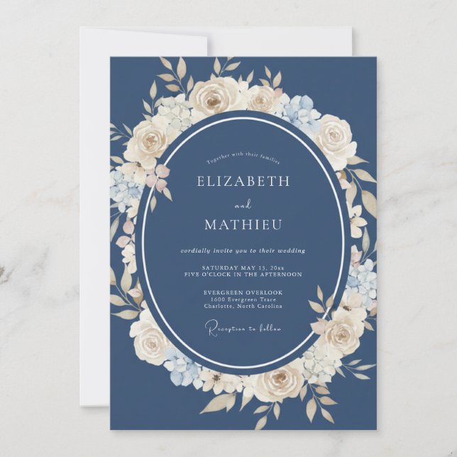 Navy Cream Blossom Flourish Wedding Invitation (Front)