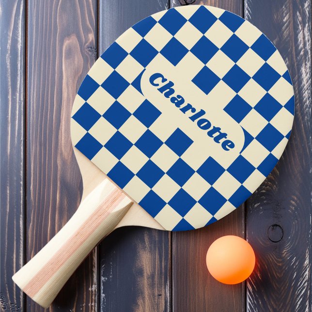 Navy & Cream Chequered with Name Ping Pong Paddle (Creator Uploaded)