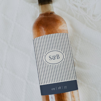 Navy & Cream Classic Pinstripe Wedding Monogram Wine Label