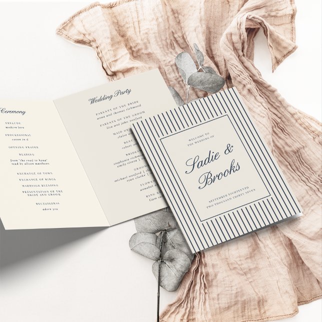 Navy & Cream Classic Script Pinstripe Wedding Program (Creator Uploaded)